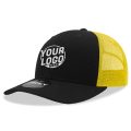 6021 Classic Trucker 6 Panel Mid Profile Structured Cotton / Poly Snap Back Trucker Black Yellow Hat 00302