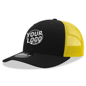 6021 Classic Trucker 6 Panel Mid Profile Structured Cotton / Poly Snap Back Trucker Black Yellow Hat 00302