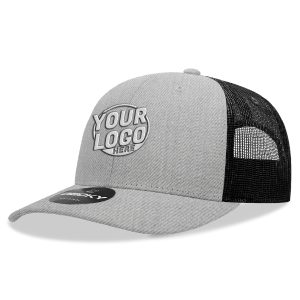 6021 Classic Trucker 6 Panel Mid Profile Structured Cotton / Poly Snap Back Trucker Heather Gray Black Hat 354