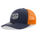 6021 Classic Trucker 6 Panel Mid Profile Structured Cotton / Poly Snap Back Trucker Navy Blue Orange Hat 390