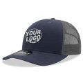 6021 Classic Trucker 6 Panel Mid Profile Structured Cotton / Poly Snap Back Trucker Navy Blue Charcoal Hat 388