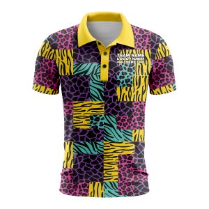 Custom Fully Sublimated Mixed Animal Print Yellow Purple Pink Teal Performance Polo Shirt 4387
