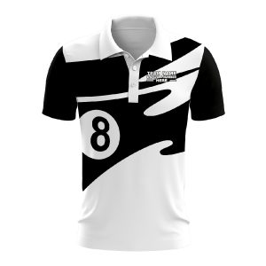 Custom Fully Sublimated Number Eight Pool Ball Pattern Black and White Performance Polo Shirt 4527