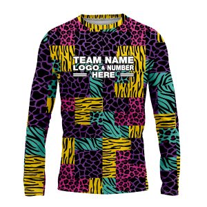 Custom Fully Sublimated Mixed Animal Print Yellow Purple Pink Teal Performance Long Sleeves 4680