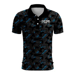 Custom Fully Sublimated Sports Camo Pattern Neon Blue Black Performance Polo Shirt 6077