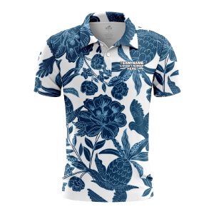 Custom Fully Sublimated Botanical Floral Two Pattern Blue White Performance Polo Shirt 6133
