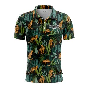 Custom Fully Sublimated Wild Jungle Floral Pattern Black Gold Green Performance Polo Shirt 6337