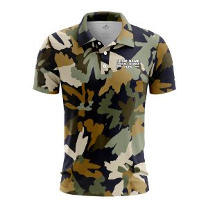 Custom Fully Sublimated Woodland Camo Pattern Dark Blue Gray Black Performance Polo Shirt 6344