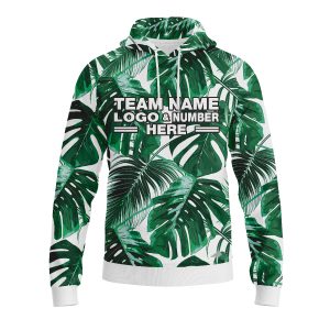 Custom Fully Sublimated Palm Leaf Floral  Pattern White Green Performance Sports Pullover Hoodie 07856
