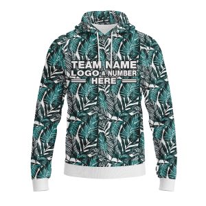 Custom Fully Sublimated Tropical Floral Pattern White Black Teal Performance Sports Pullover Hoodie 07866
