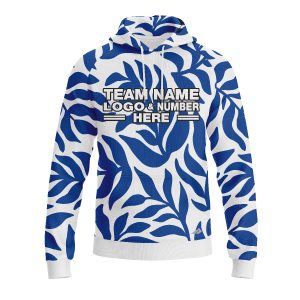 Custom Fully Sublimated Elegant Leaf Floral Two Pattern White Blue Performance Sports Pullover Hoodie 07902