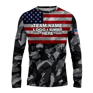 Custom Fully Sublimated USA FLAG on Chest Camo Pattern Black Red Blue White Performance Long Sleeves 10279