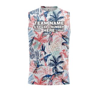 Custom Fully Sublimated Tropical Beach Floral Pattern White Pink Black Performance Sleeveless 10843