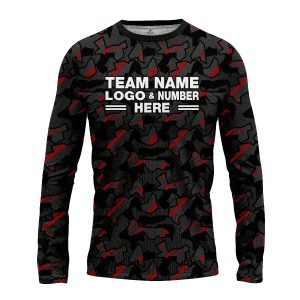 Custom Fully Sublimated Sports Camo Pattern Neon Red Black Performance Long Sleeves 11039