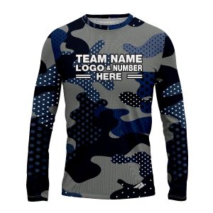 Custom Fully Sublimated Woodland Camo Pattern Dark Blue Gray Black Performance Long Sleeves 11519