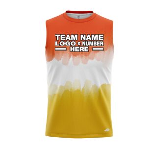 Custom Fully Sublimated Vibrant Tie Dye Pattern Tricolor White Orange Yellow Performance Sleeveless 14567