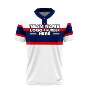 Custom Fully Sublimated Three Lines on Chest Pattern White Blue Red Performance Baseball Softball Two Buttons Jersey 17064