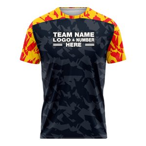Custom Fully Sublimated Volcano Pattern Black Yellow Red Performance Soccer Uniform Jersey 17452