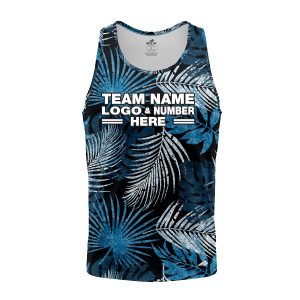 Custom Fully Sublimated Blue Foliage Floral Two Pattern Black Blue White Performance Tank Top 19551