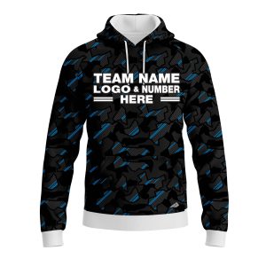 Custom Fully Sublimated Sports Camo Pattern Neon Blue Black Performance Sports Pullover Hoodie 21000