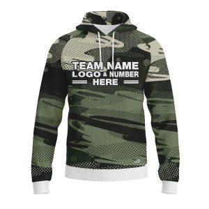 Custom Fully Sublimated Contemporary Woodland Camo Pattern Dark Green Black Performance Sports Pullover Hoodie 21072