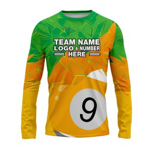 Custom Fully Sublimated Number Nine Pool Ball Pattern Green Yellow Performance Long Sleeves 22360