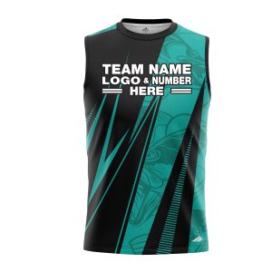 Custom Fully Sublimated Electric Fishing Pattern Black Teal Performance Sleeveless 22777