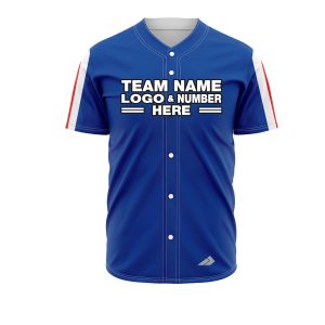 Custom Fully Sublimated Vertical Stripes on Sleeves Two Pattern Blue Red White Performance Baseball Softball Full Buttons Jersey 25017