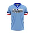 Custom Fully Sublimated Horizontal Stripes on Sleeves Pattern Baby Blue Red White Performance Baseball Softball Two Buttons Jersey 25076